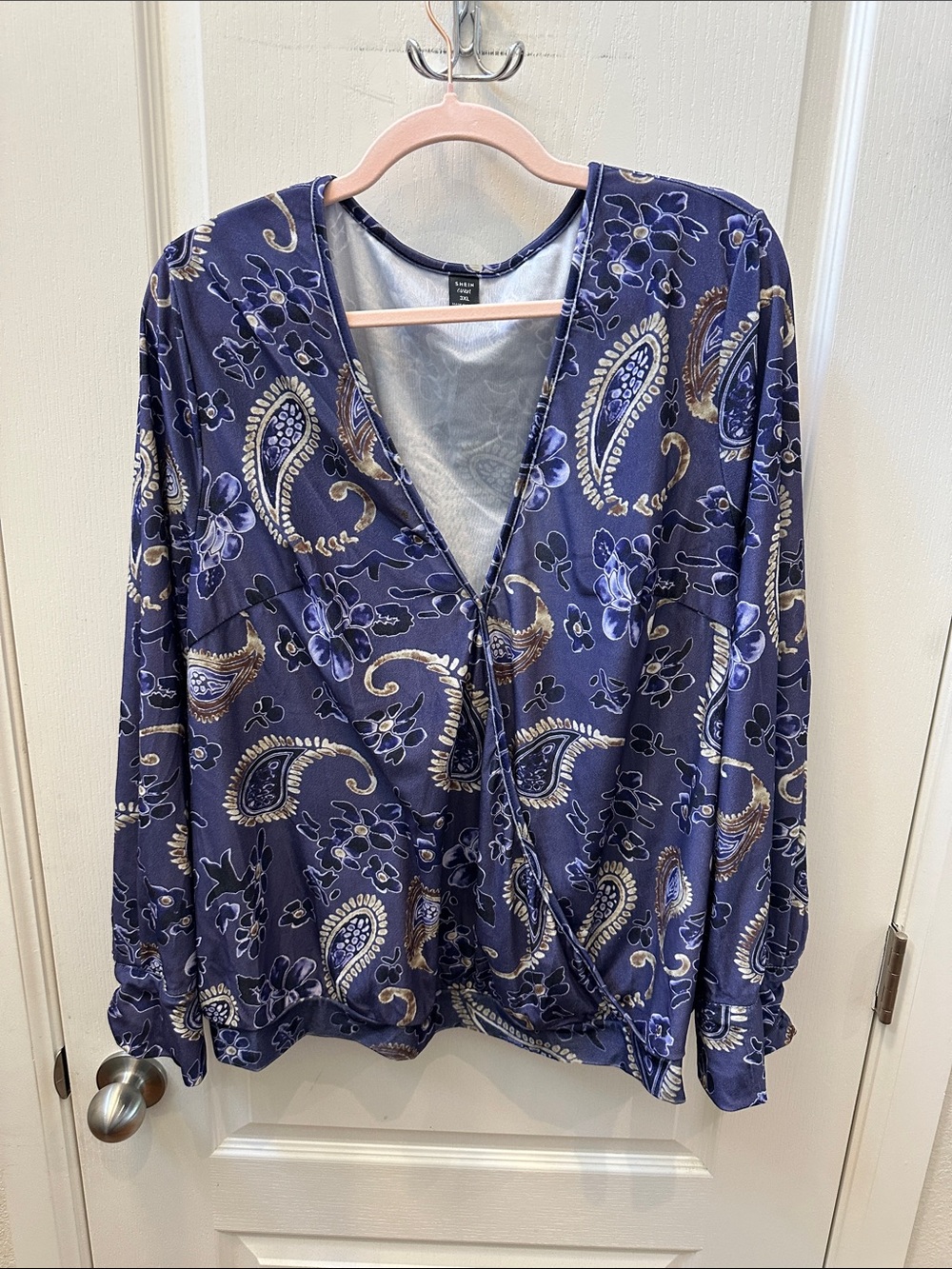 SHEIN Purple Paisley Floral Wrap-Style Blouse